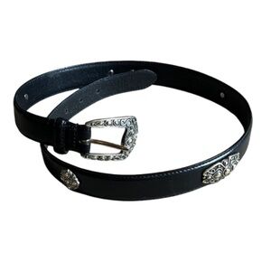 Fossil Western Belt Womens Black Leather Silver Tone Conchos - Size M